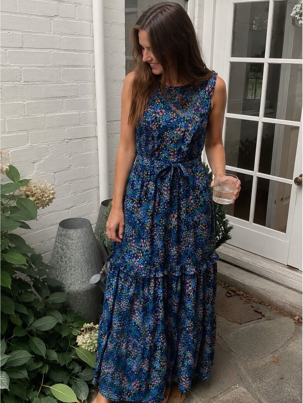 Melloday Blue Floral Smocked Tiered Mock Neck Sleeveless Maxi Dress Size XS